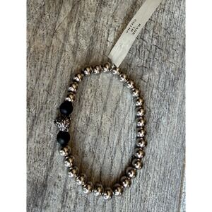 Lion‎ Head Beaded Stretch Bracelet Jewelry Metal Black Silver Tone Polished Goth